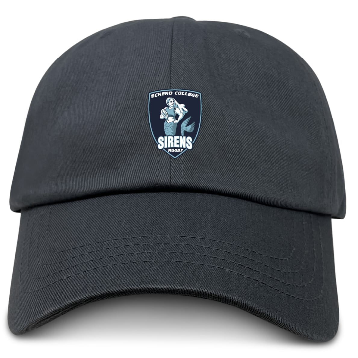 The EMB S&S Activewear Eckerd College Adult Low-Profile Cotton Twill Dad Cap features embroidered team branding with the "Siren College Sirens Rugby" mermaid and rugby ball logo on the front.