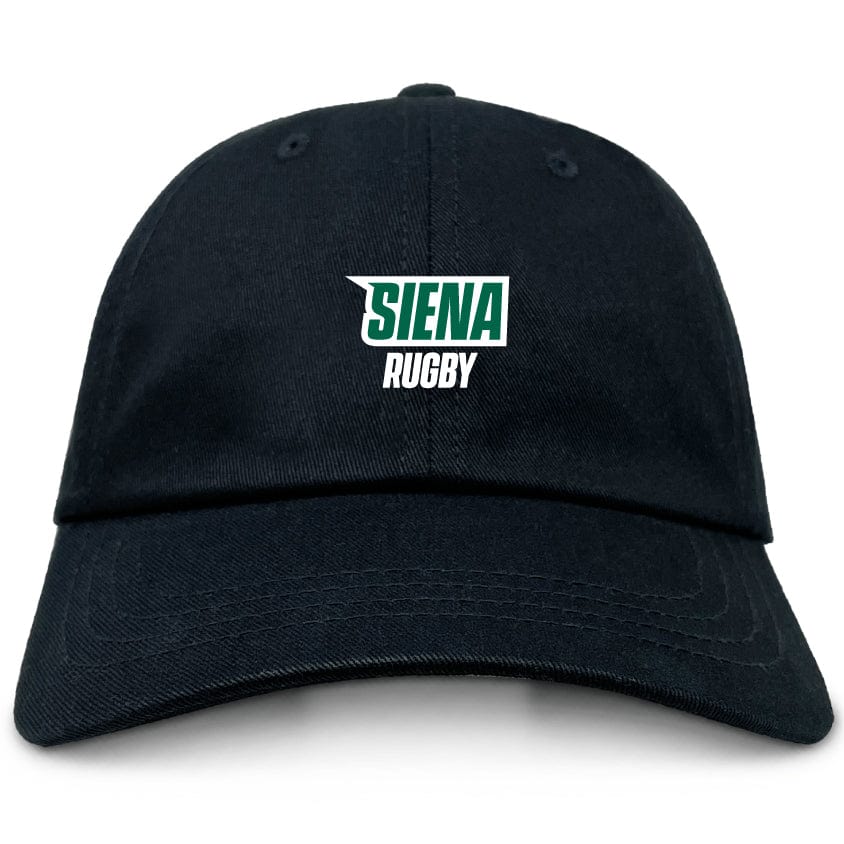The Siena College Adult Low-Profile Cotton Twill Dad Cap by EMB S&S Activewear features embroidered “SIENA RUGBY” in green and white on the front.