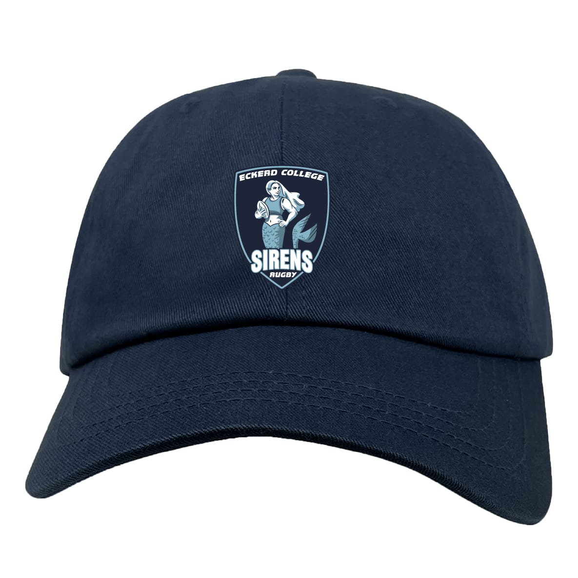 The EMB S&S Activewear Eckerd College Adult Low-Profile Cotton Twill Dad Cap in navy features the Sirens Rugby team logo embroidered on the front.