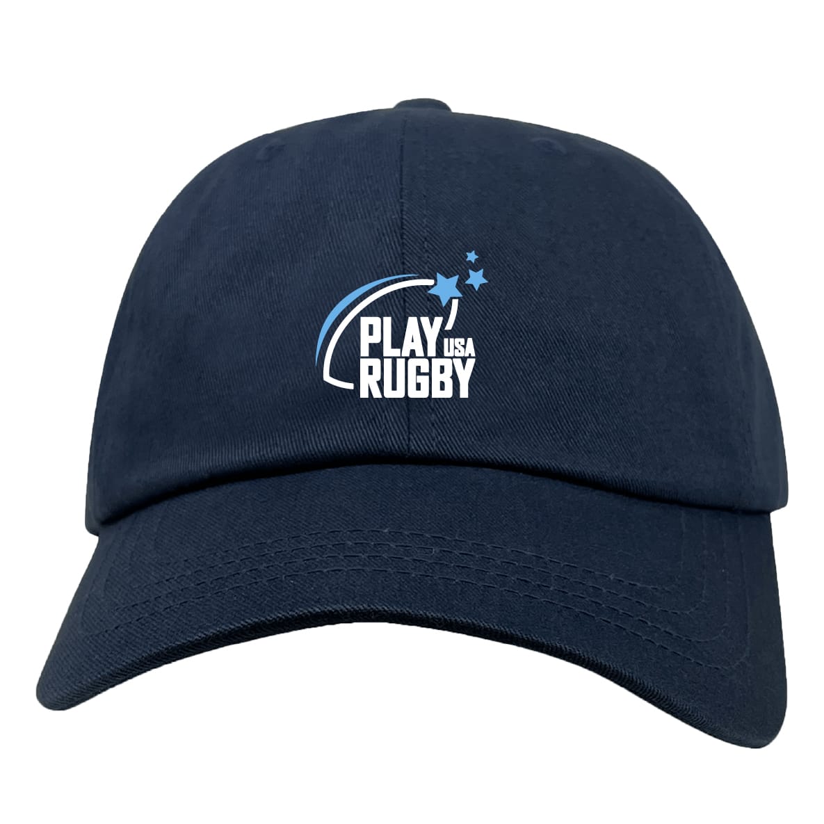 The Play Rugby USA Adult Low-Profile Cotton Twill Dad Cap by EMB S&S Activewear features "Play Rugby USA" embroidered with a swoosh and three stars on the front.