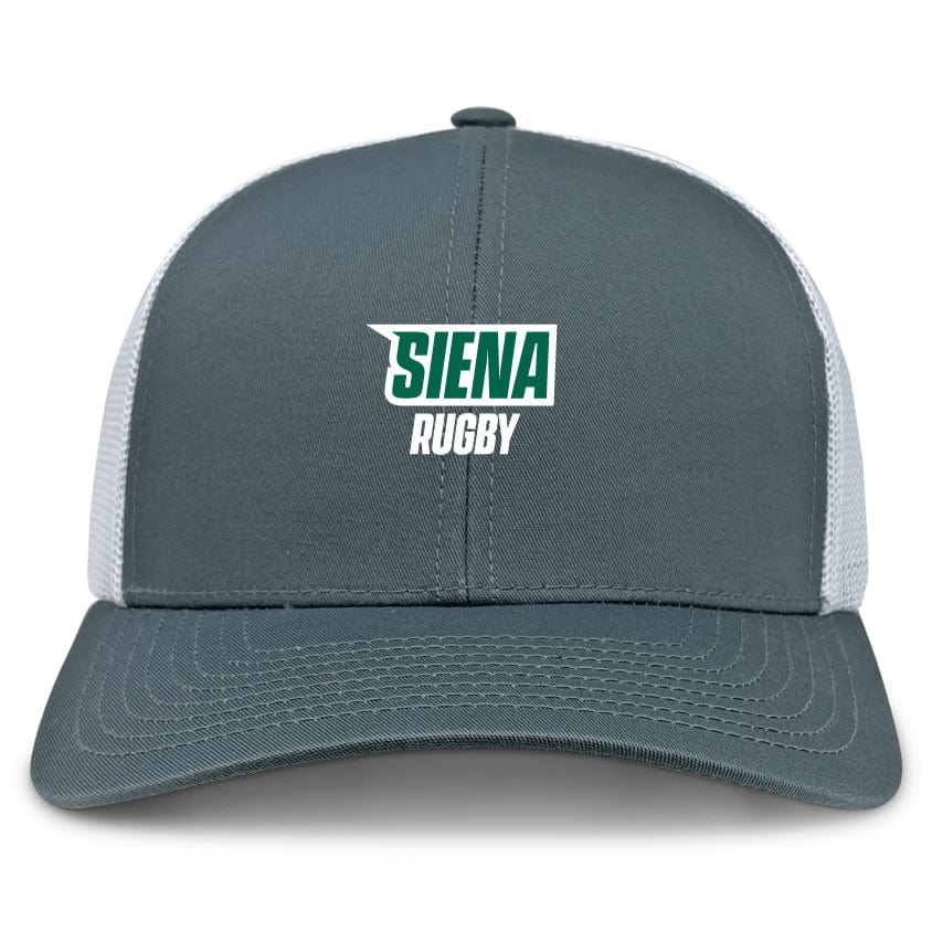 The Siena College Retro Trucker Cap by EMB S&S Activewear features a gray and white design with "Siena Rugby" in green and white on the front, plus a comfy snapback closure for adjustable fit.