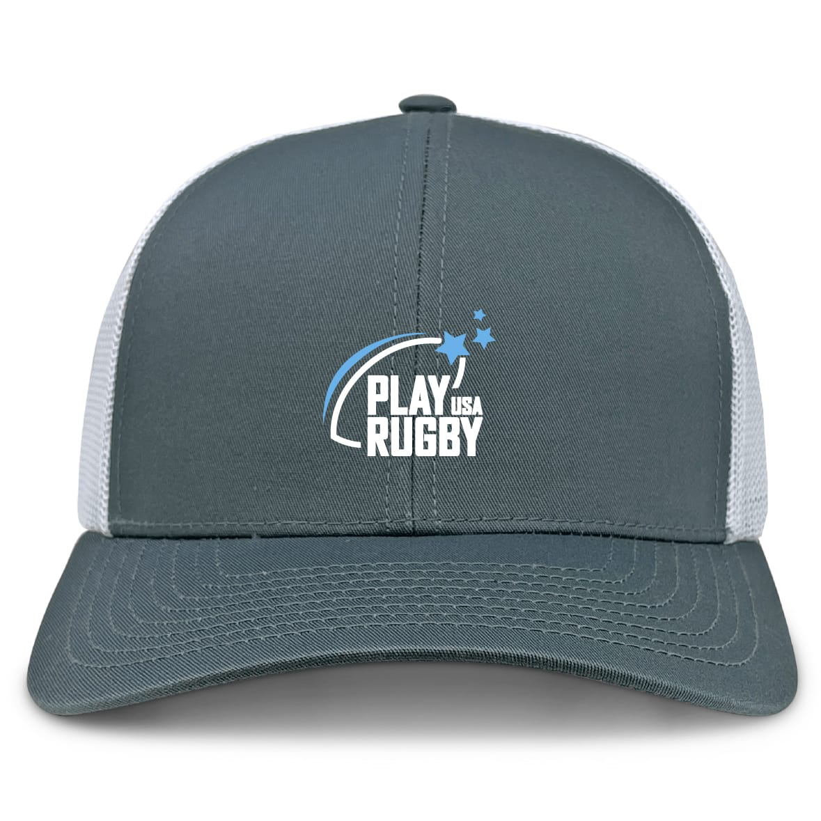 The Play Rugby USA Retro Trucker Cap by EMB S&S Activewear features a gray and white design, an embroidered white and blue logo with a rugby ball and three stars, plus an adjustable snapback for comfort.