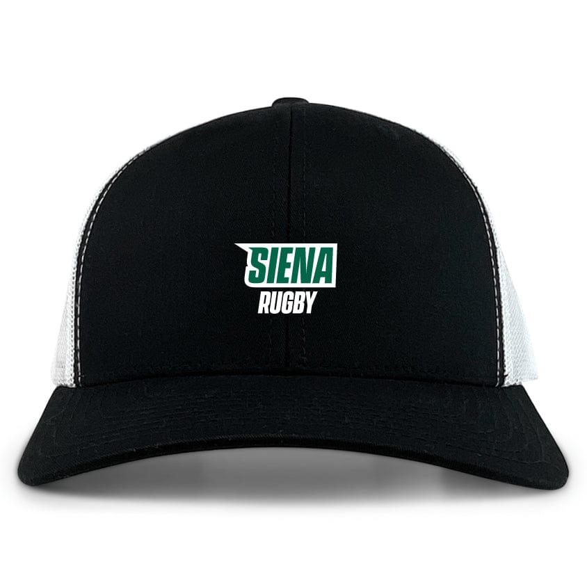 The Siena College Retro Trucker Cap by EMB S&S Activewear features black and white colors, "Siena Rugby" embroidered in green and white, and a snapback closure for adjustable fit.