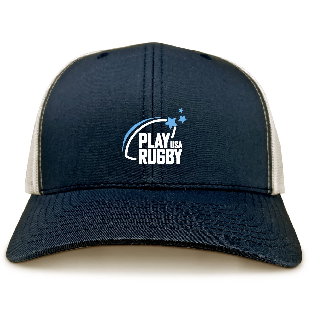 The Play Rugby USA Retro Trucker Cap by EMB S&S Activewear features a navy/white design, embroidered "Play Rugby USA" with a rugby ball and stars, classic mesh back, and adjustable snapback closure.