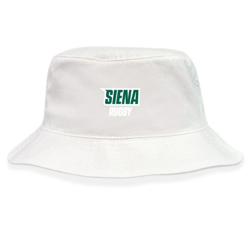 The Siena College Crusher Bucket Cap by EMB S&S Activewear features "Siena Rugby" in green and white on white cotton twill, providing comfortable sun protection.