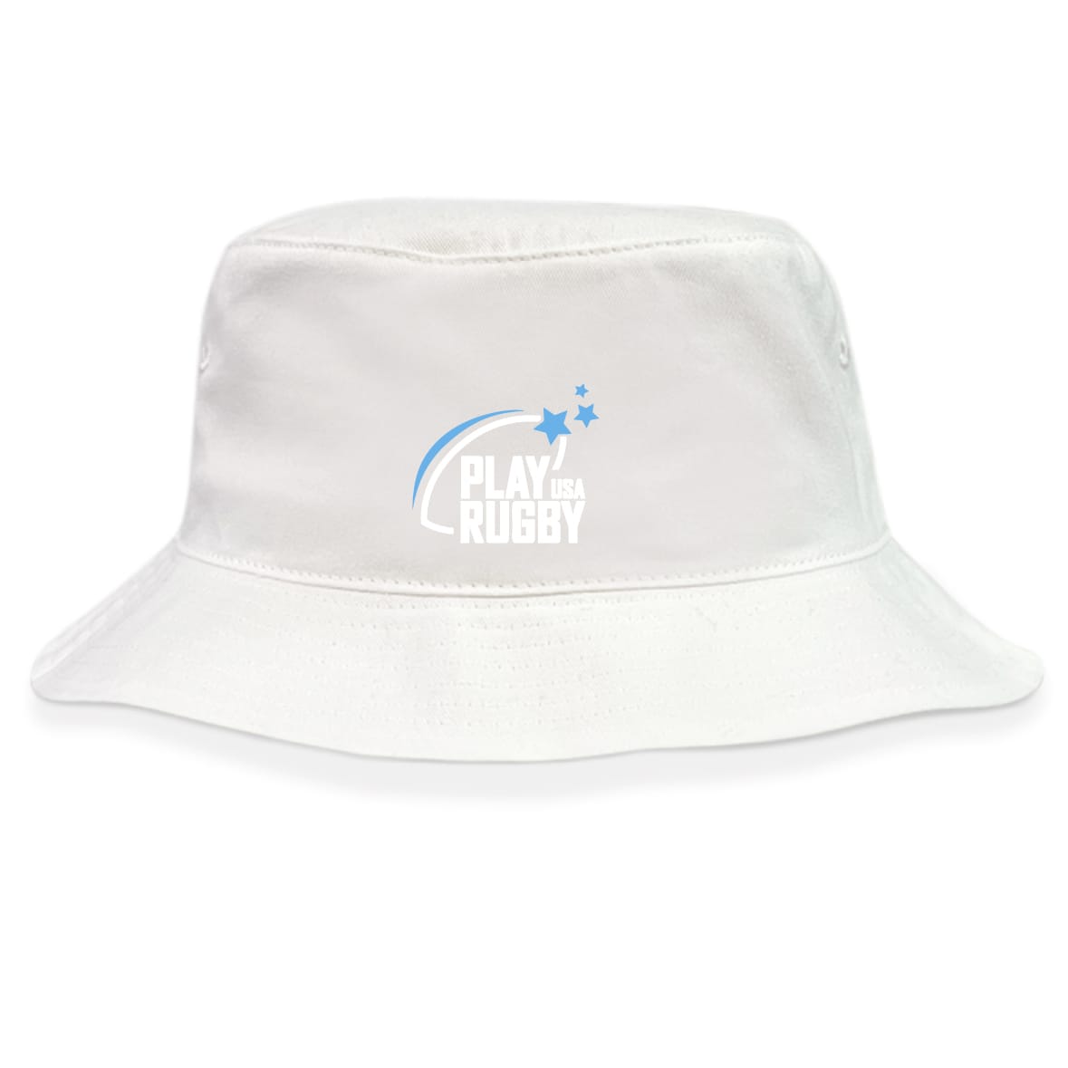 The Play Rugby USA Crusher Bucket Cap by EMB S&S Activewear features "Play USA Rugby" text, blue curved lines, and two stars on the front. This cotton twill hat adds stylish sun protection to any sporty look.
