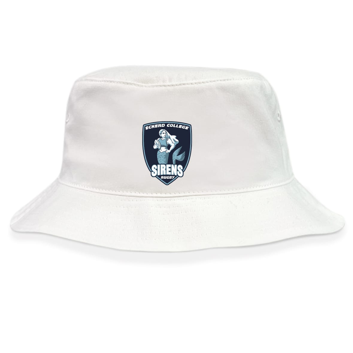 The Eckerd College Crusher Bucket Cap by EMB S&S Activewear is a white cotton twill hat featuring the Sacred College Sirens Rugby logo with a siren holding a rugby ball; ideal for sun protection.