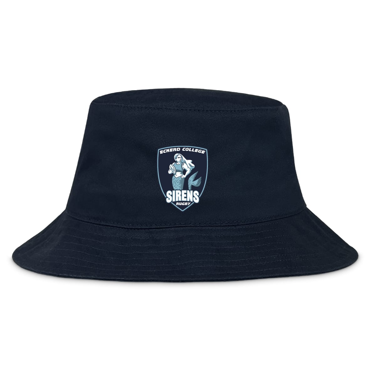 The EMB S&S Activewear Eckerd College Crusher Bucket Cap is a navy blue cotton twill hat featuring the Sirens Rugby logo—ideal as stylish sun protection for any occasion.