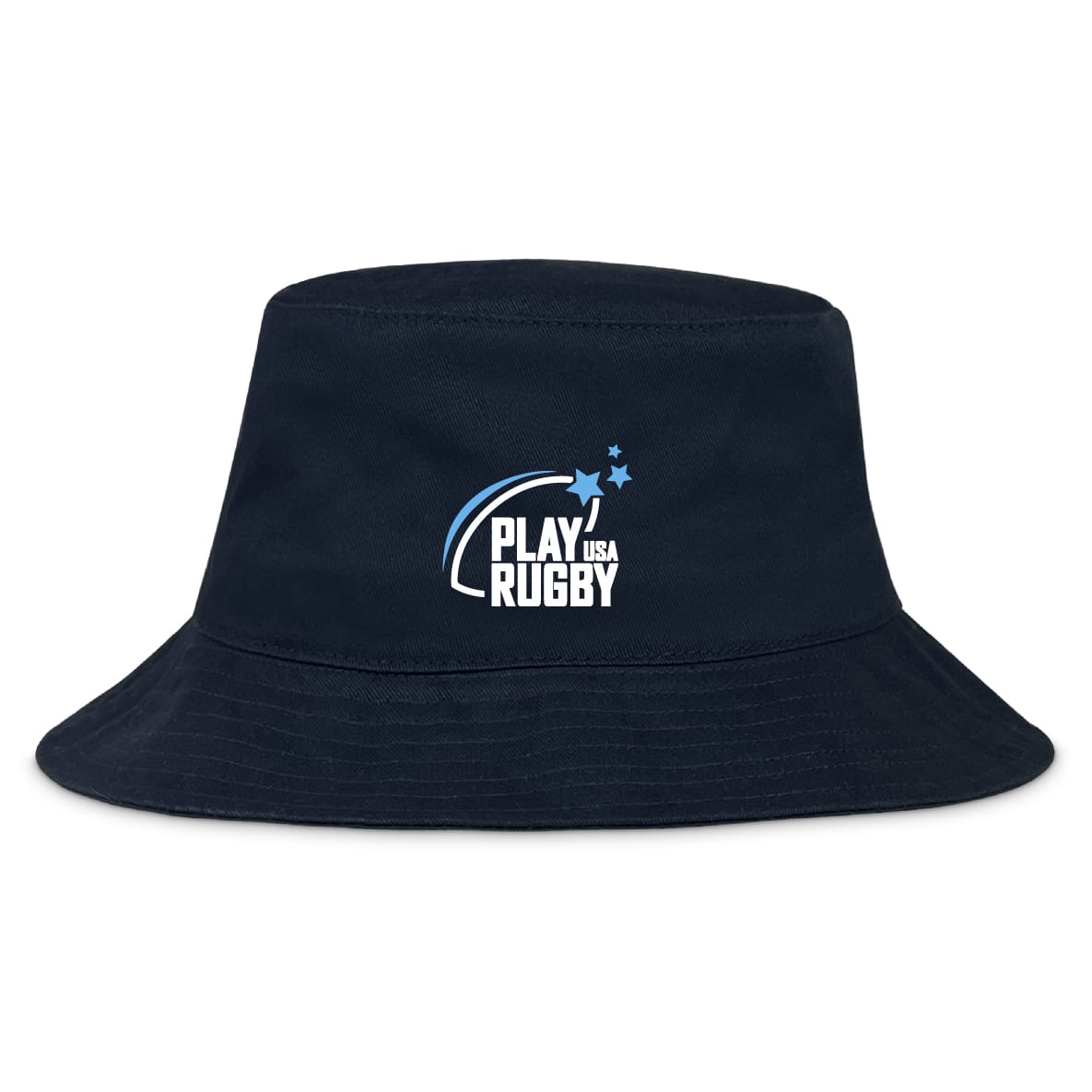 The Play Rugby USA Crusher Bucket Cap by EMB S&S Activewear is a navy blue cotton twill hat with the "Play Rugby USA" logo, three stars, and a swoosh on the front—perfect for sun protection during outdoor sports.