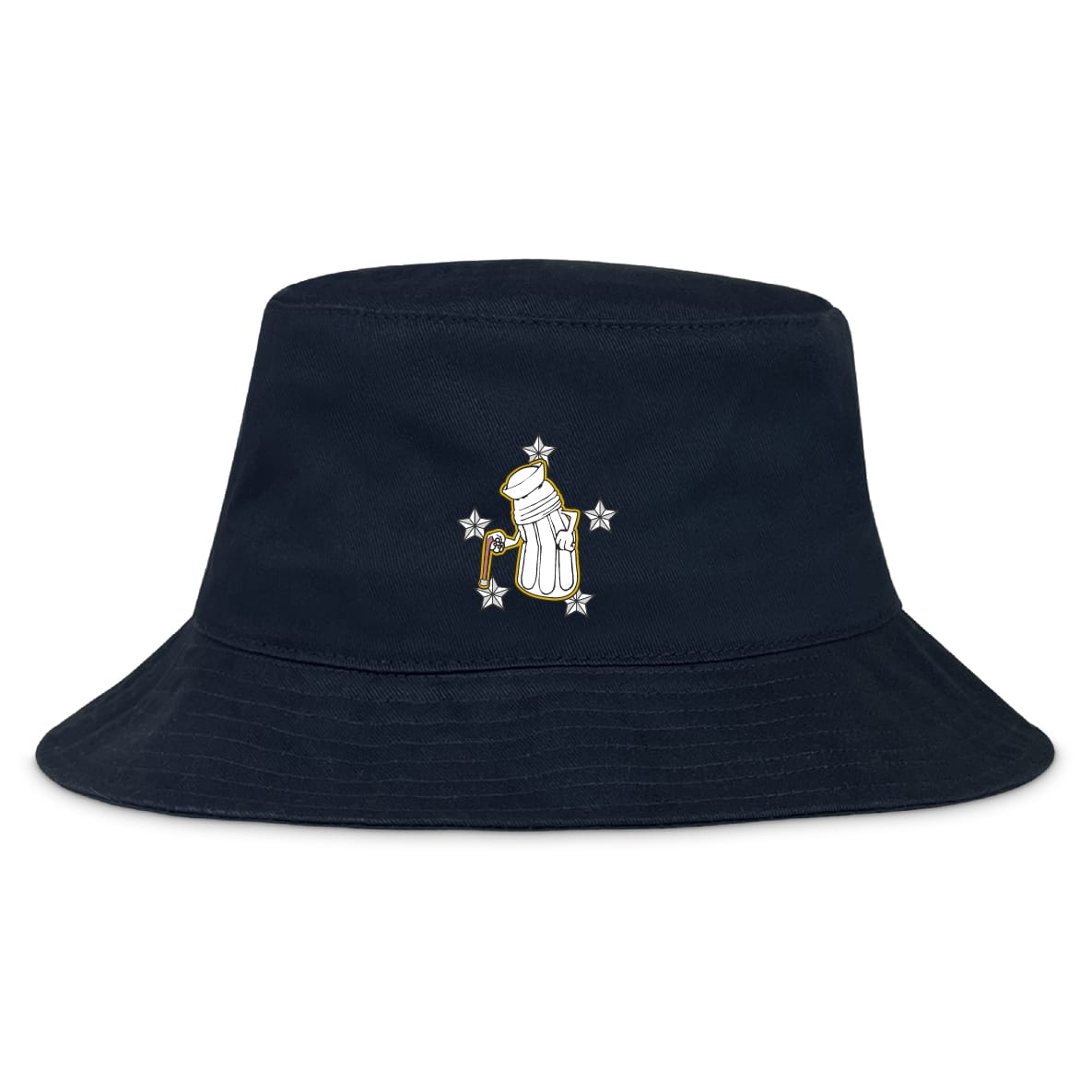 The EMB S&S Activewear Five Star Rugby Crusher Bucket Cap is a cotton twill hat with a front embroidered astronaut holding a flag and surrounded by stars—offering stylish sun protection.