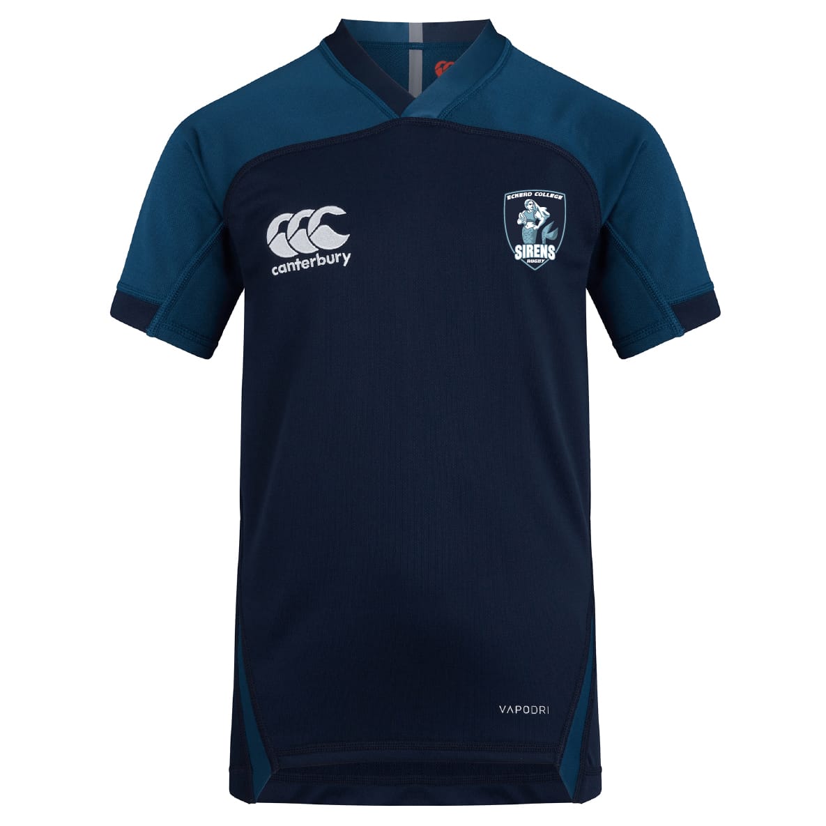 The EMB Canterbury Eckerd College Vapodri Evader Jersey is a navy blue rugby top with light blue accents, featuring the Canterbury logo, Sirens team crest, and "VAPODRI" text. Made from moisture-wicking fabric for lasting comfort.