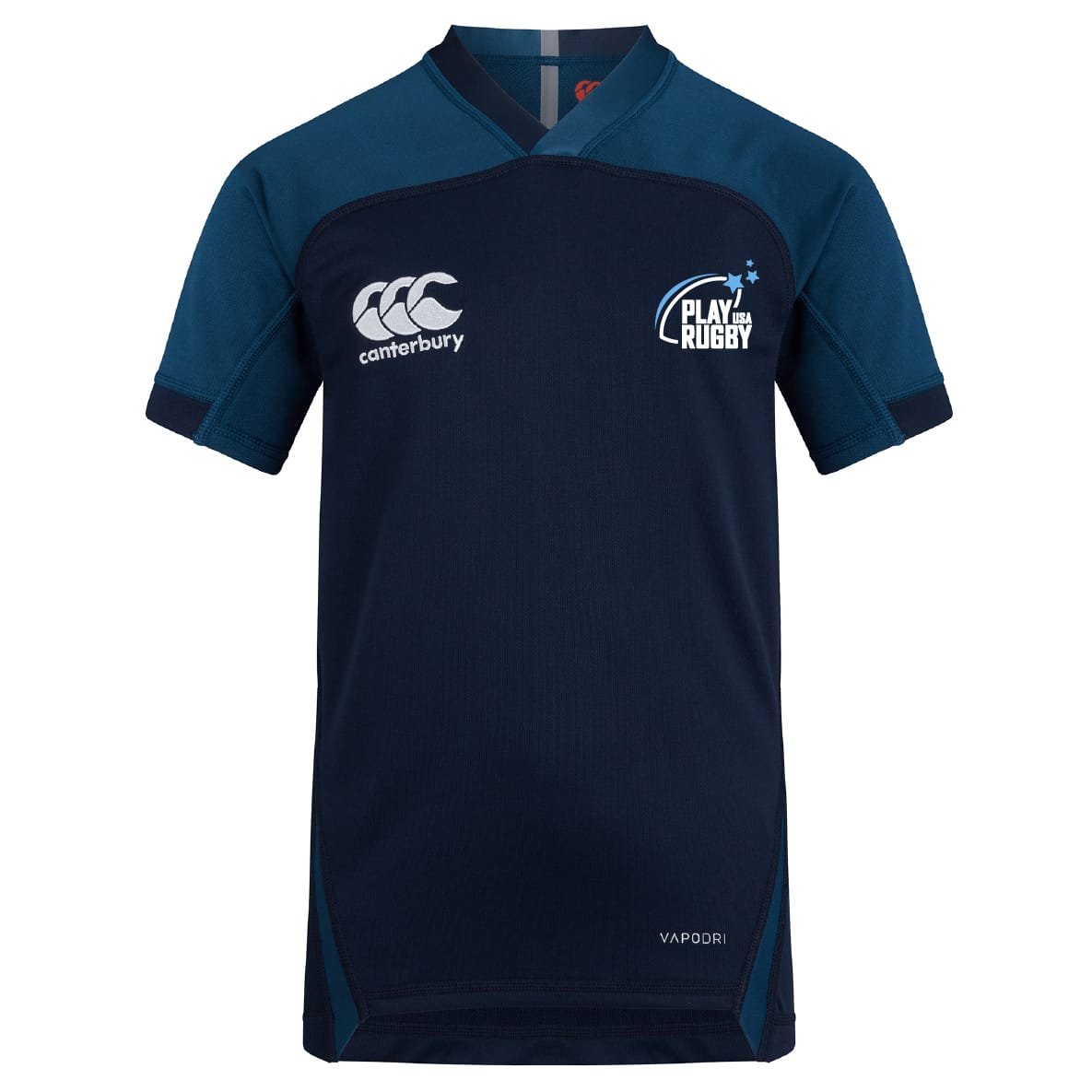 The Play Rugby USA Vapodri Evader Jersey by EMB Canterbury features navy blue moisture-wicking fabric, a "Play Rugby" logo on the right chest, and the Canterbury logo on the left chest.