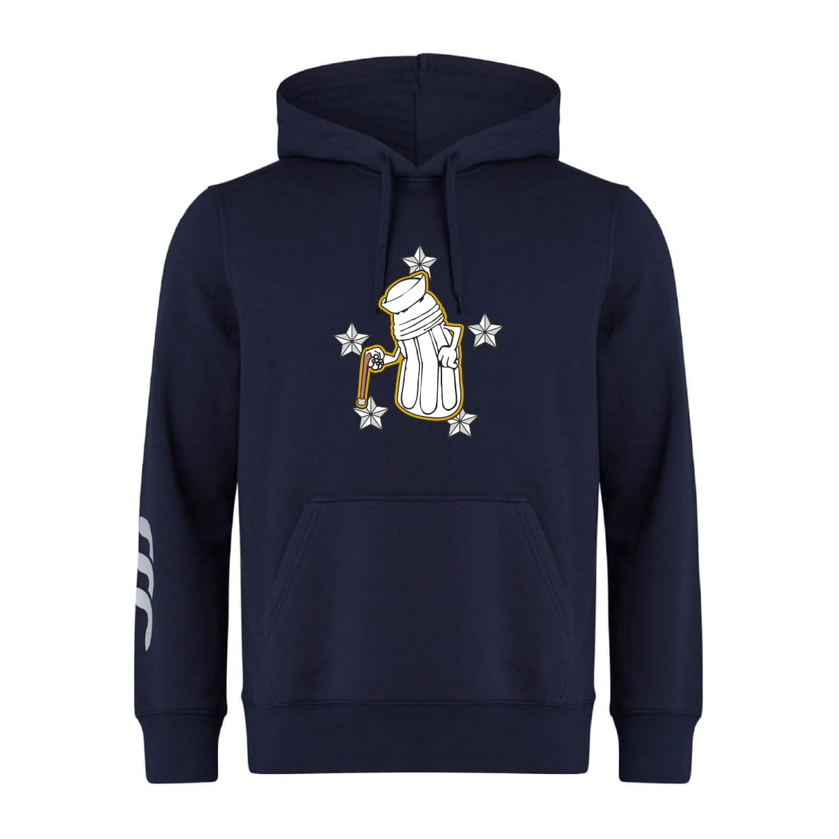 The Five Star Rugby Club Hoodie by WRS Canterbury features a navy blue design with a front print of a beer stein, white gloves, and five stars, plus three white stripes on the left sleeve—ideal for rugby fans and players.