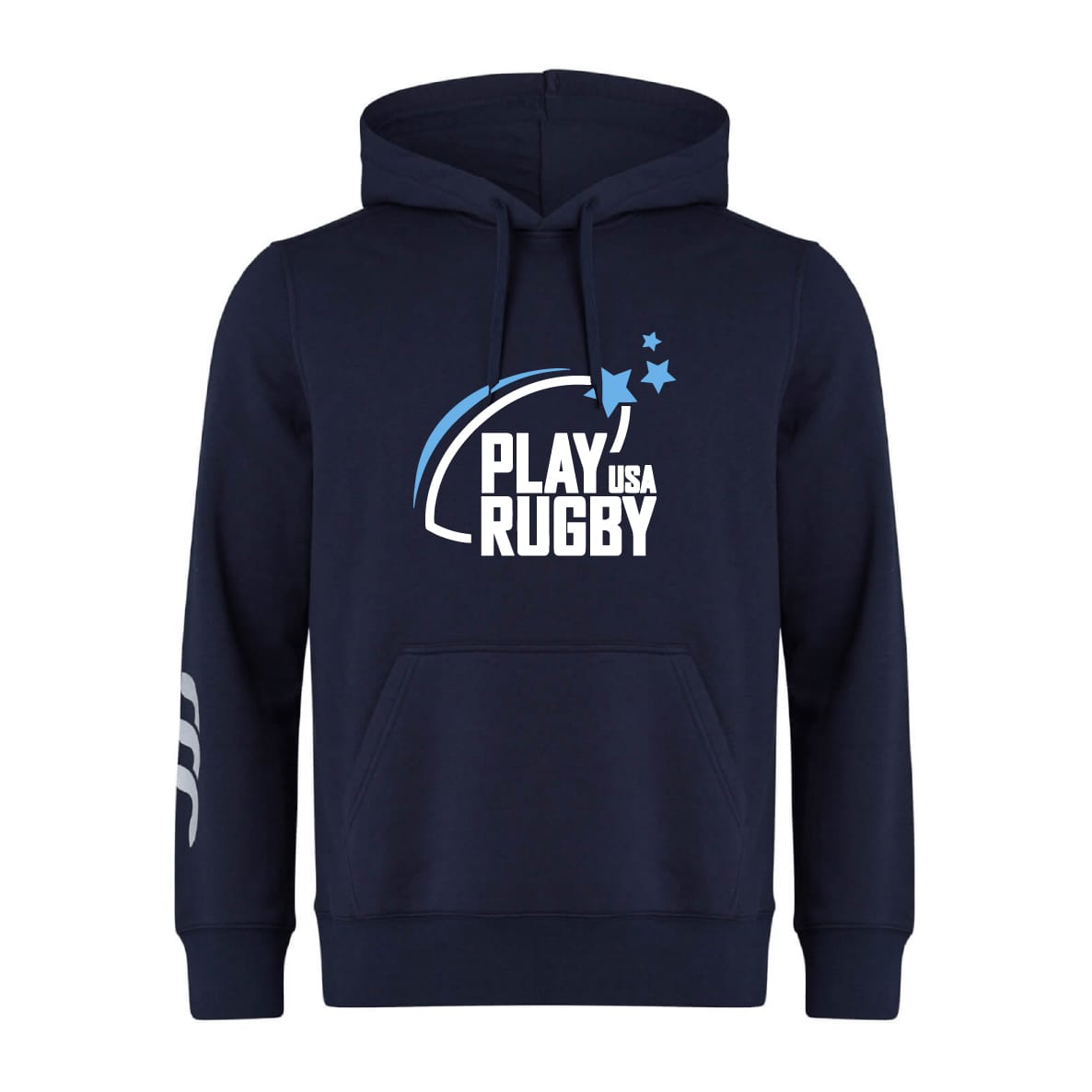 The Play Rugby USA Club Hoodie by WRS Canterbury features "Play USA Rugby" and star graphics on navy, plus a white triple-stripe right sleeve for a sporty rugby club look.