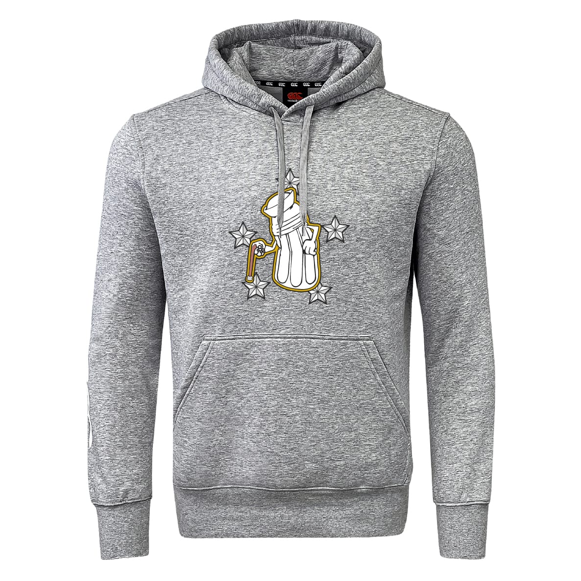 The Five Star Rugby Club Hoodie by WRS Canterbury is a gray sweatshirt with a hood, front pocket, and an angelic hand holding a cane surrounded by stars on the chest—ideal for custom teams or standout rugby club style.