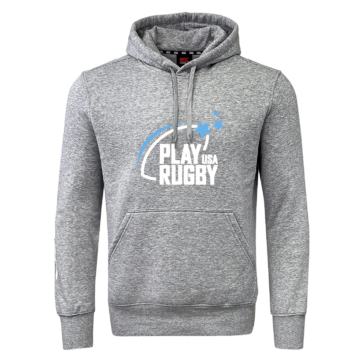 The Play Rugby USA Club Hoodie by WRS Canterbury is a gray hooded sweatshirt with a front pocket and "Play USA Rugby" logo—perfect for fans and players looking for a custom rugby hoodie.