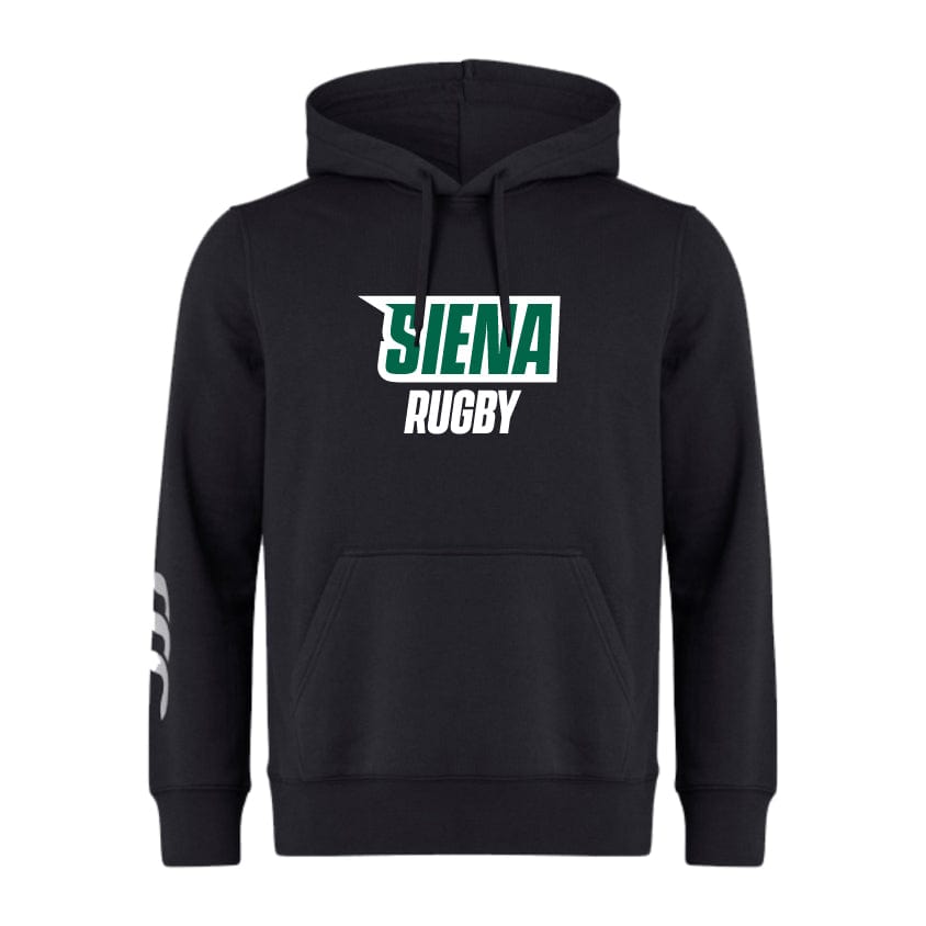 The Siena College Club Hoodie by WRS Canterbury features "SIENA RUGBY" in green and white on the front, a white design on the left sleeve, and Canterbury branding for a classic look. Customization is optional for a personalized touch.
