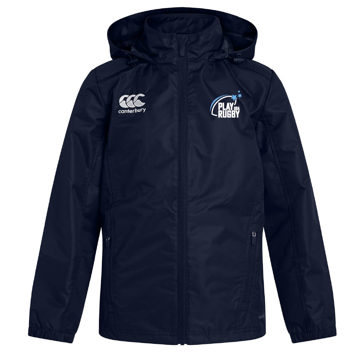 The Play Rugby USA Club Vaposhield Full Zip Rain Jacket by EMB Canterbury is a navy blue hooded rain jacket with “Play Rugby” and Canterbury logos, featuring water-resistant VapoShield technology, shown on a white background.