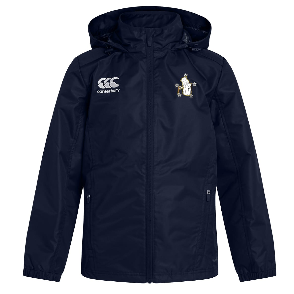 The Five Star Rugby Club Vaposhield Stadium Jacket by EMB Canterbury is a navy water-repellent, hooded zip jacket with the Canterbury logo on the right chest and a club crest with a bird and stars on the left—ideal for rugby fans.