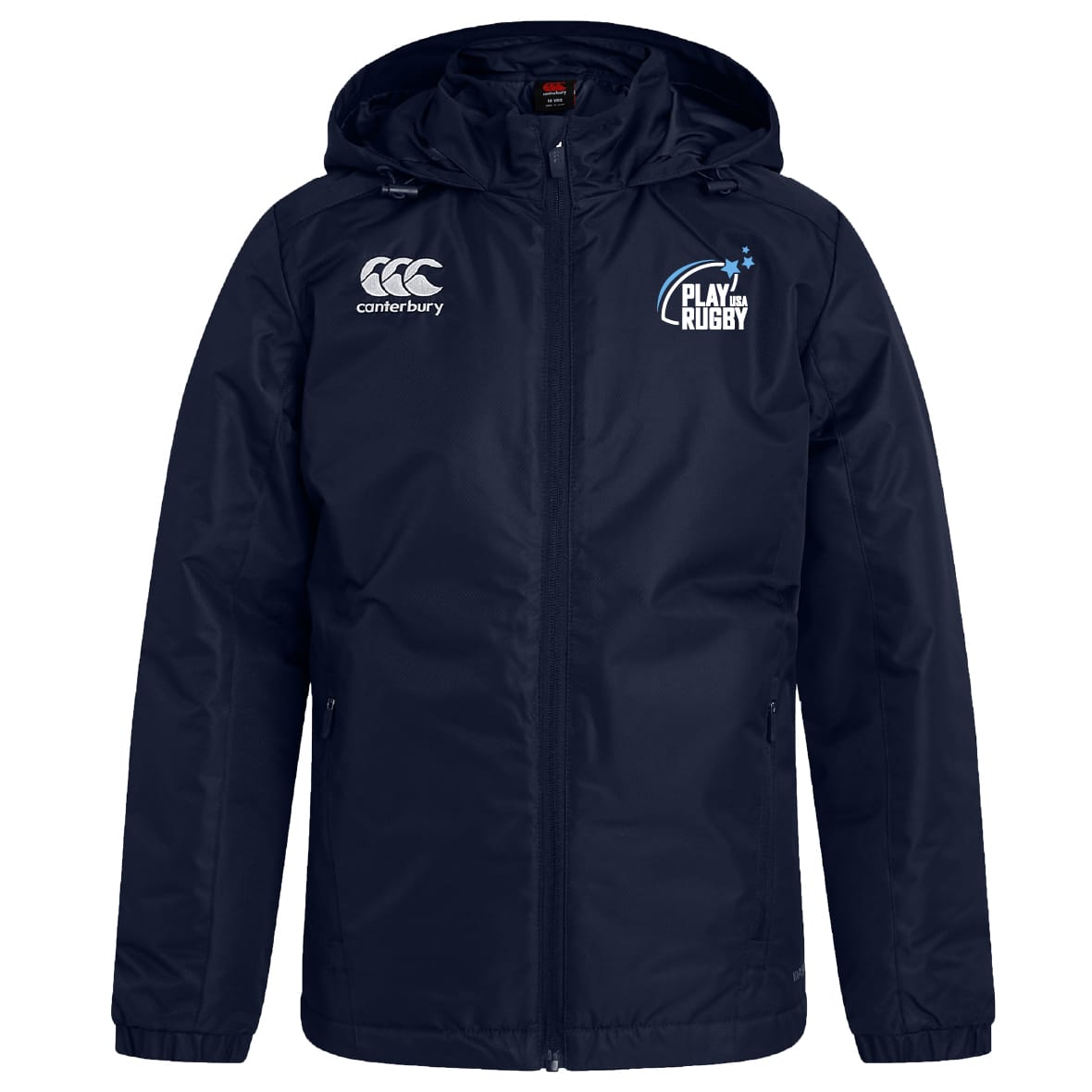The Play Rugby USA Club Vaposhield Stadium Jacket by EMB Canterbury features the "Play Rugby" logo on the left chest and the Canterbury logo on the right—an ideal rugby stadium jacket.