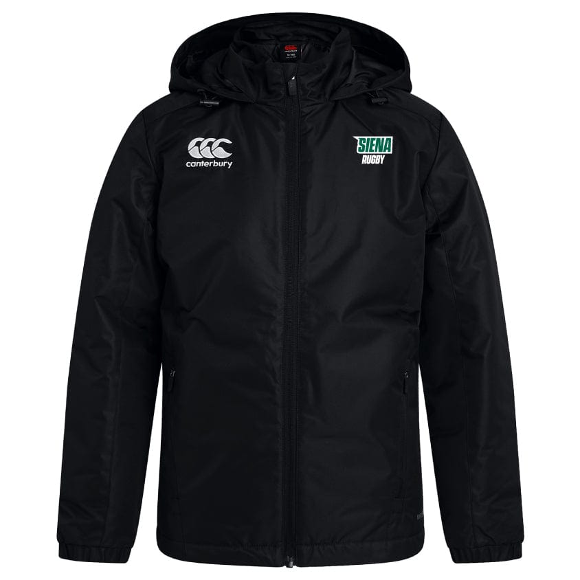 The EMB Canterbury Siena College Club Vaposhield Stadium Jacket features a black hood with front zipper, padded insulation, and long sleeves. It has the "Canterbury" logo on the left chest and "Siena Rugby" on the right. Its water-repellent design makes it ideal for the rugby stadium.