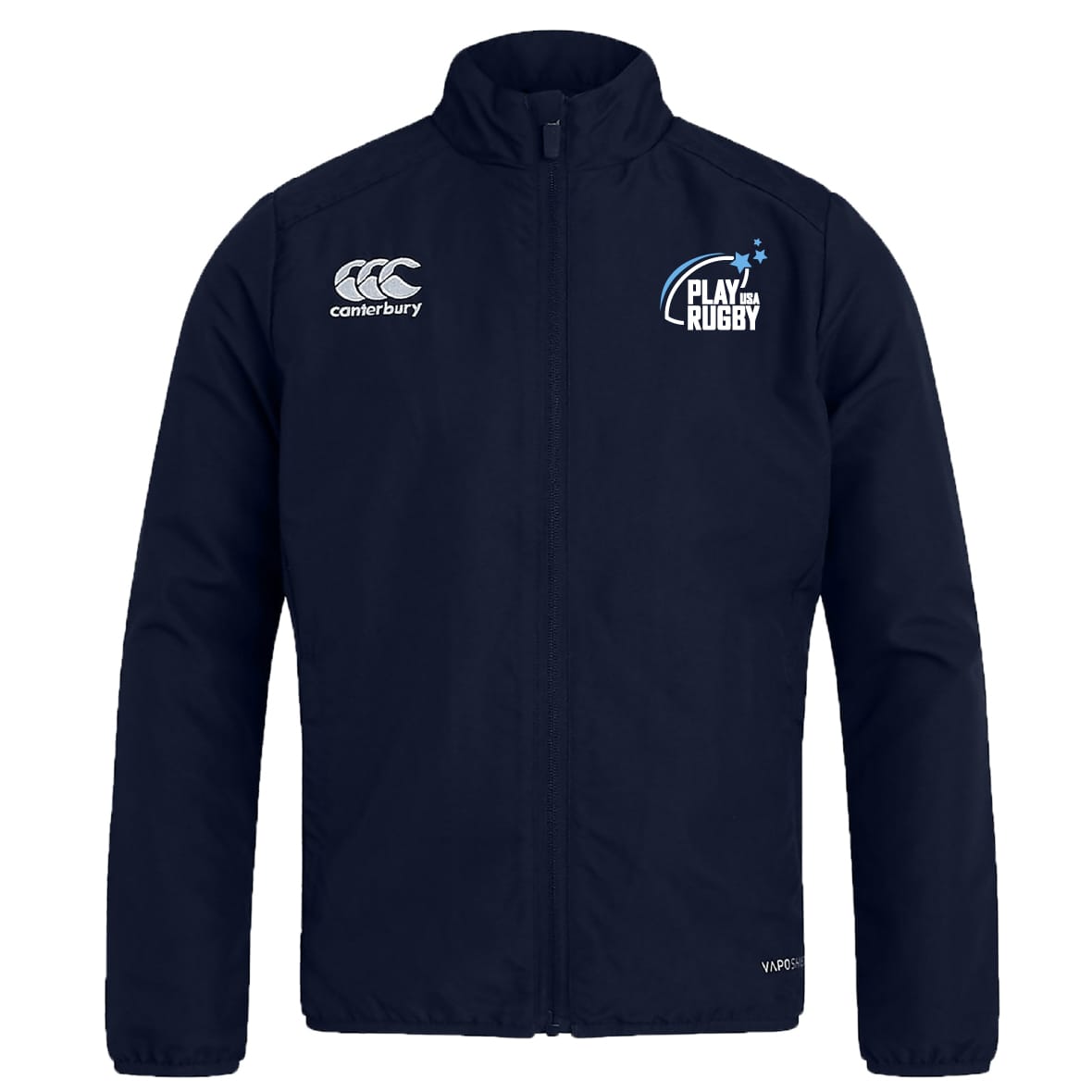 The Play Rugby USA Club Track Jacket by EMB Canterbury features a navy design with "Canterbury" and "Play Rugby" chest logos. Lightweight and sporty, it's ideal for active days.