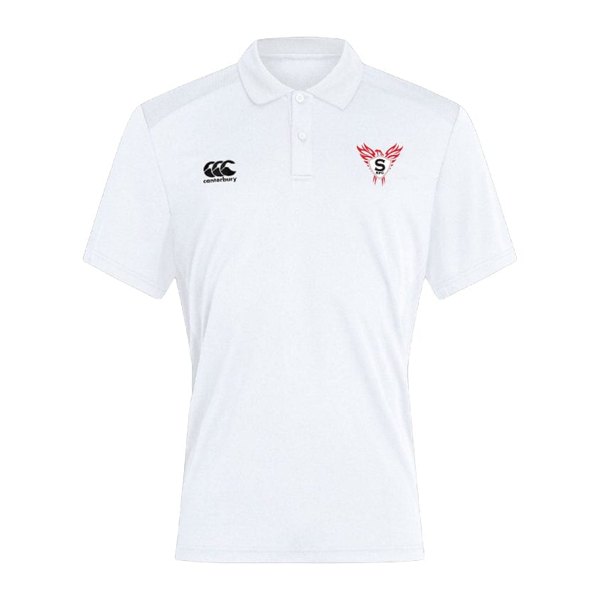 The Superior Rugby Club Dry Polo by EMB Canterbury is a white short-sleeve shirt with Vapodri Technology, a black Canterbury logo on the right chest, and a red and black winged "S" on the left chest.