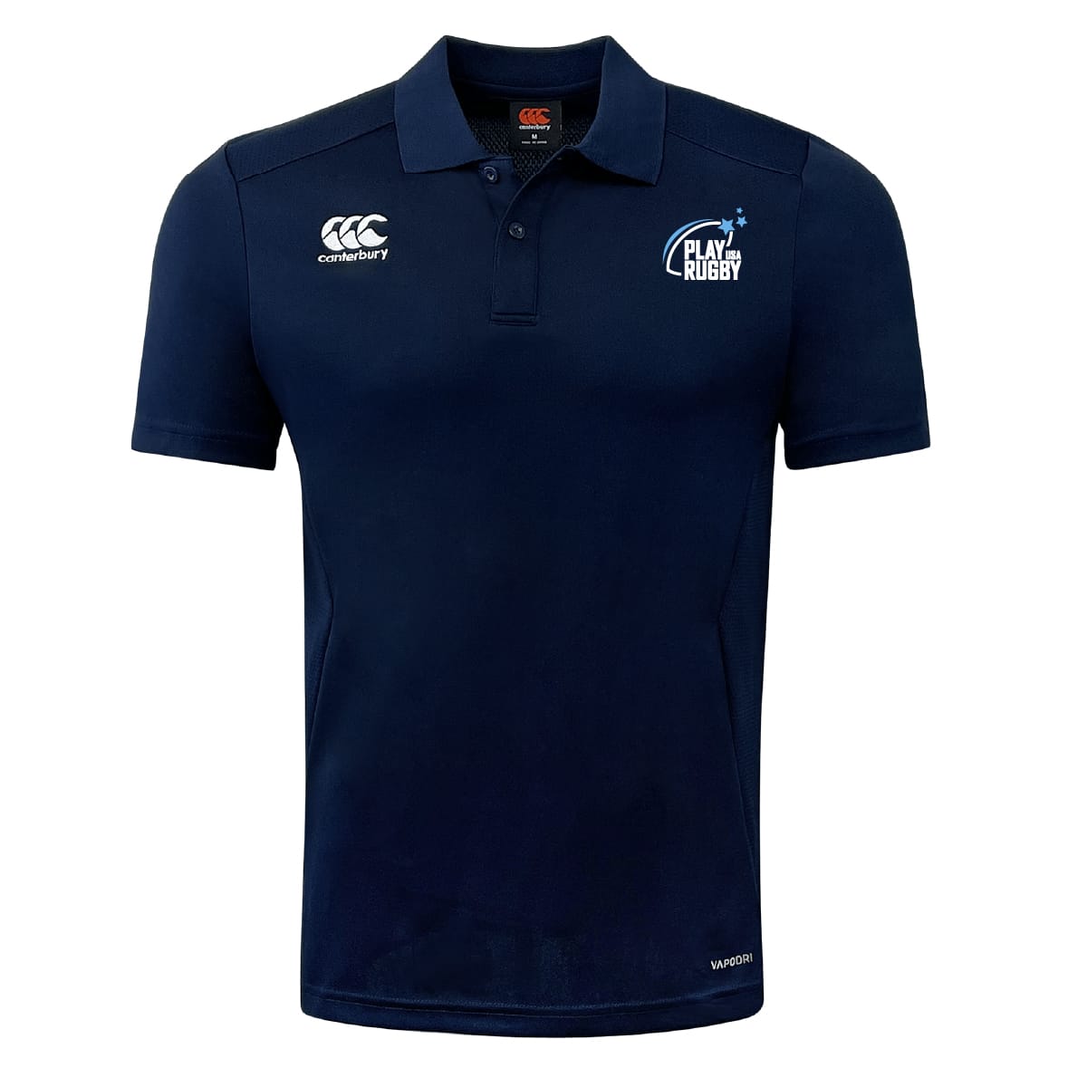 The Play Rugby USA Club Dry Polo by EMB Canterbury is a navy blue, breathable short-sleeve polo featuring a collar, "Canterbury" logo on the right chest, and "Play Rugby" logo on the left.