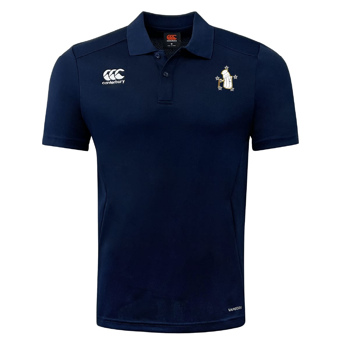 The Five Star Rugby Club Dry Polo by EMB Canterbury features navy blue, short sleeves, a collared neckline with three buttons, chest embroidery, and breathable Vapodri Technology for comfort all day.