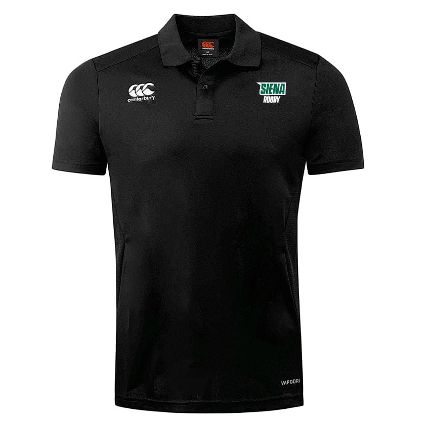 The Siena College Club Dry Polo by EMB Canterbury is a black shirt with a "Siena Rugby" patch and features Vapodri Technology for breathable, moisture-wicking comfort.