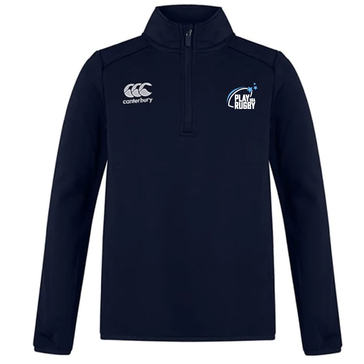 The Play Rugby USA Club 1/4 Zip Mid Layer Training Top by EMB Canterbury is a navy blue, long sleeve rugby top with chest logos—ideal for training.