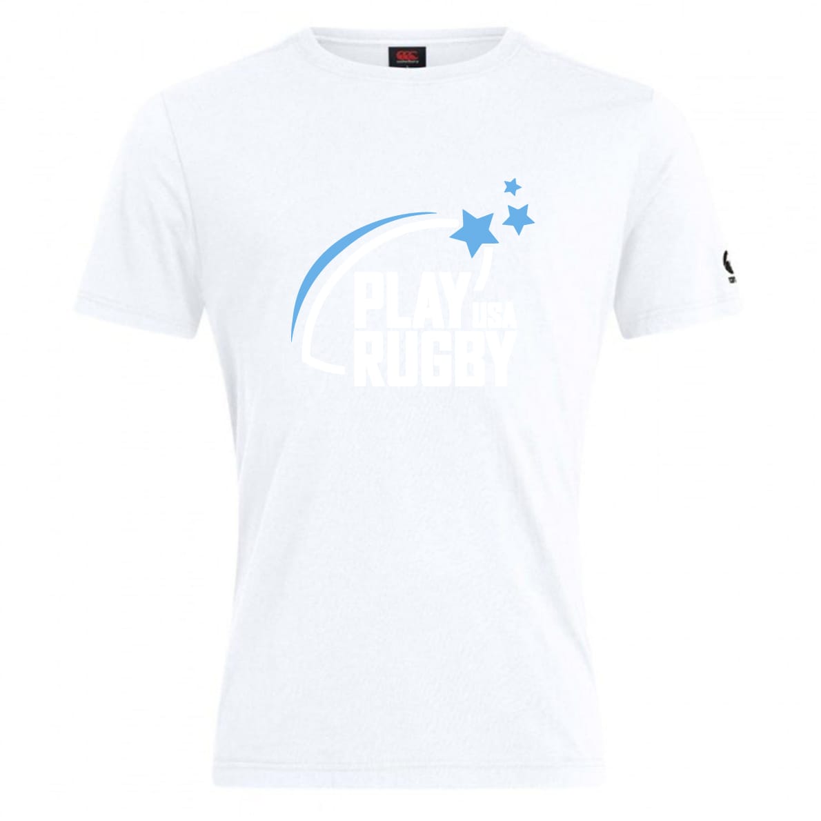 The Play Rugby USA Club Plain Tee by WRS Canterbury is a white cotton blend t-shirt with a blue swoosh, three stars, and "PLAY USA RUGBY" text on the front—a standout customizable rugby fan tee.