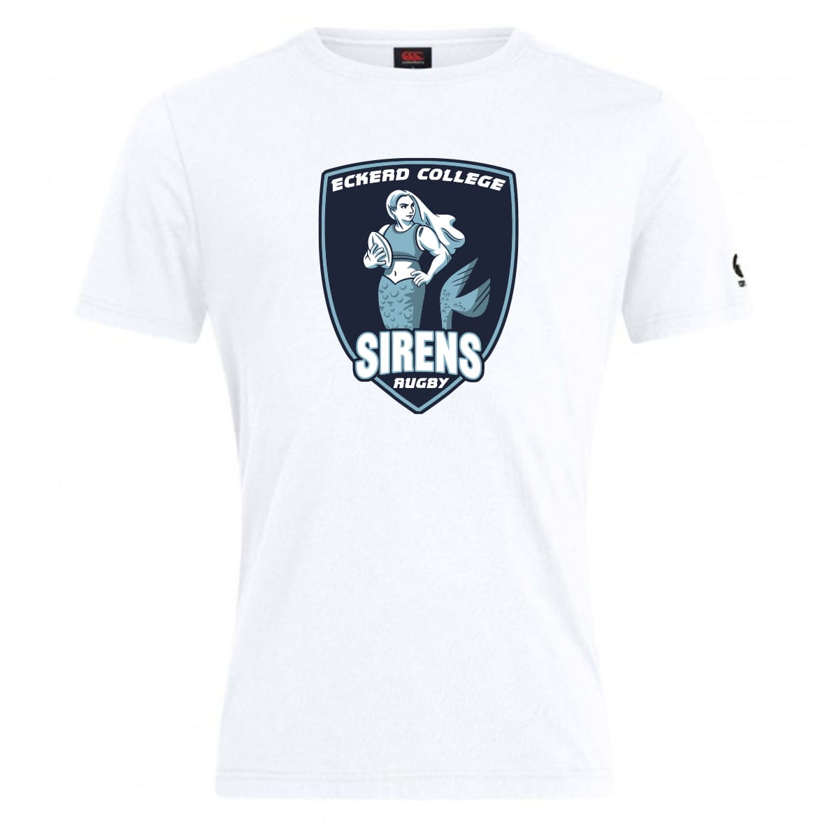 The WRS Canterbury Eckerd College Club Plain Tee by Canterbury is a white cotton blend shirt featuring a large “Eckerd College Sirens Rugby” logo with a mermaid holding a rugby ball on the front—ideal for team pride and comfort.