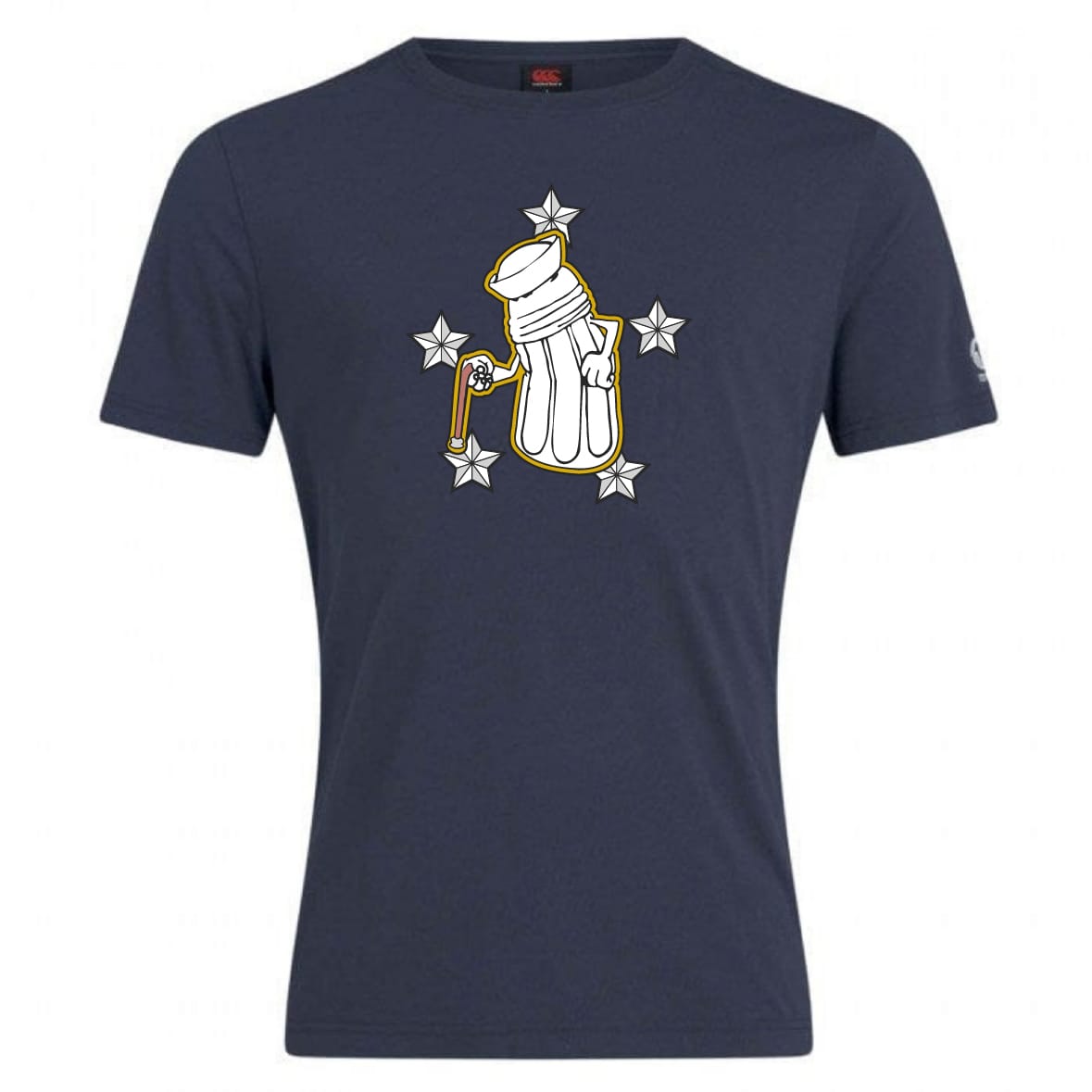The Five Star Rugby Club Plain Tee by WRS Canterbury is a navy blue cotton blend t-shirt featuring four silver stars, combining comfort with standout style for your everyday look.