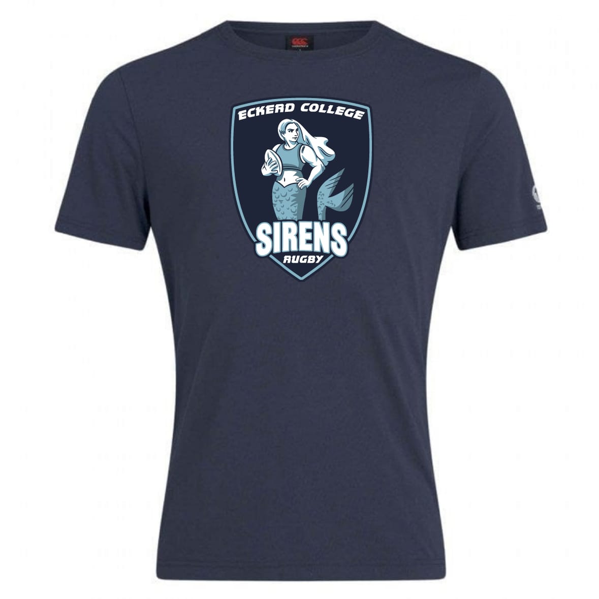 The Eckerd College Club Plain Tee by WRS Canterbury is a navy cotton blend t-shirt featuring the "Eckerd College Sirens Rugby" mermaid logo—perfect for rugby fans seeking comfort, style, and customization.
