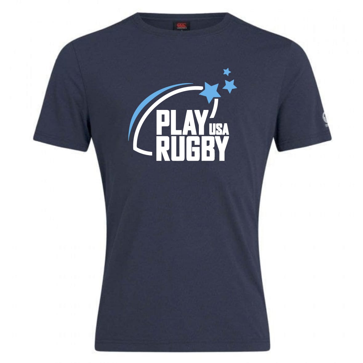 The Play Rugby USA Club Plain Tee by WRS Canterbury is a navy blue cotton blend shirt with "PLAY USA RUGBY" in white, light blue arcs, and three stars—customizable and perfect for fans.