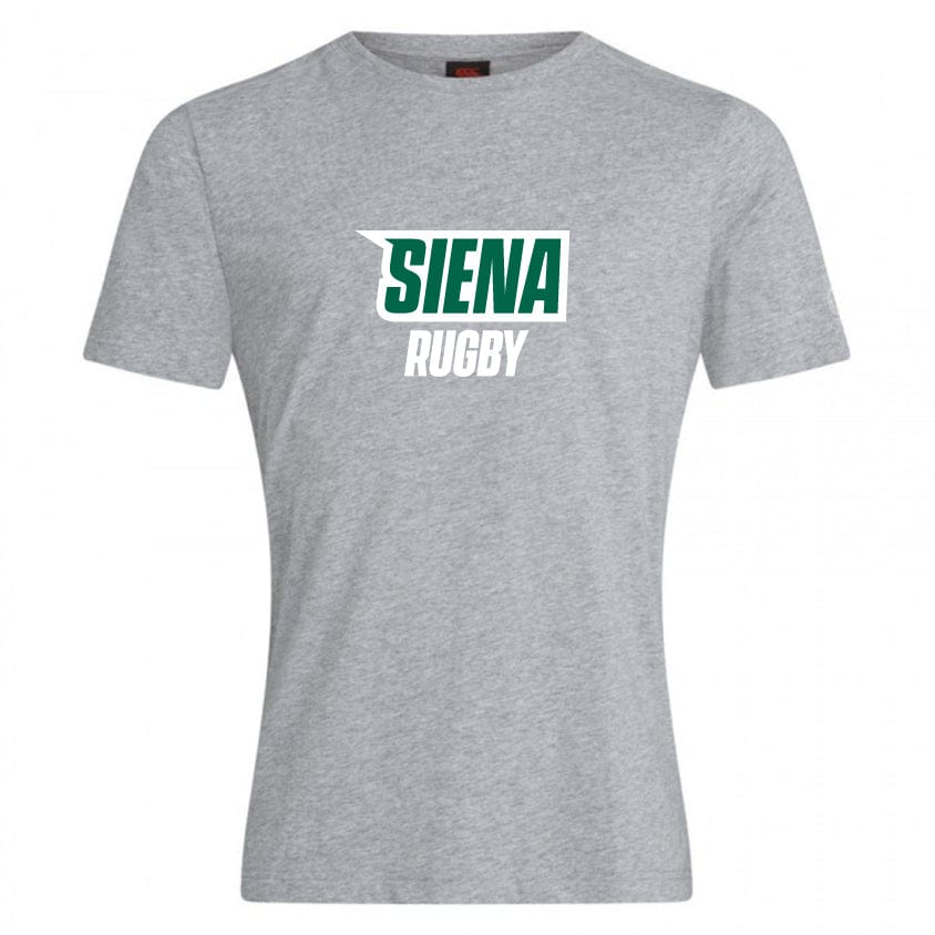 The Siena College Club Plain Tee by Canterbury, from WRS Canterbury, features "Siena Rugby" in green and white on a gray tee made of a cotton-heavy blend for comfort. Show your rugby passion and enjoy this essential Canterbury branding piece.