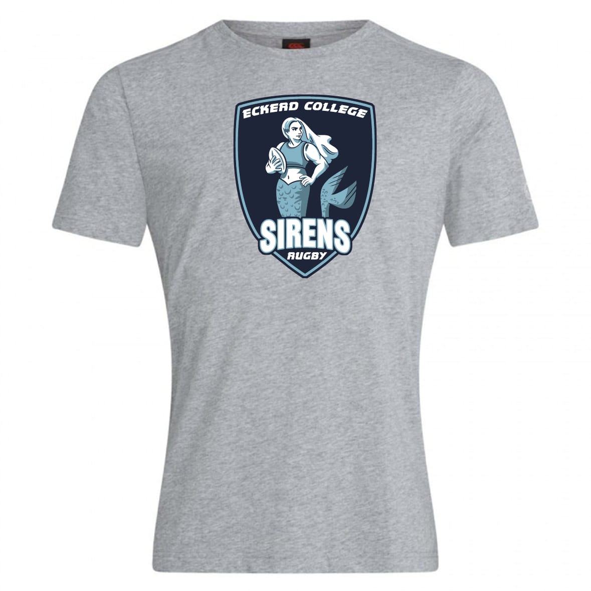 The WRS Canterbury Eckerd College Club Plain Tee by Canterbury is a light gray cotton blend shirt that can be customized—great for rugby fans and players looking to support their team in style.