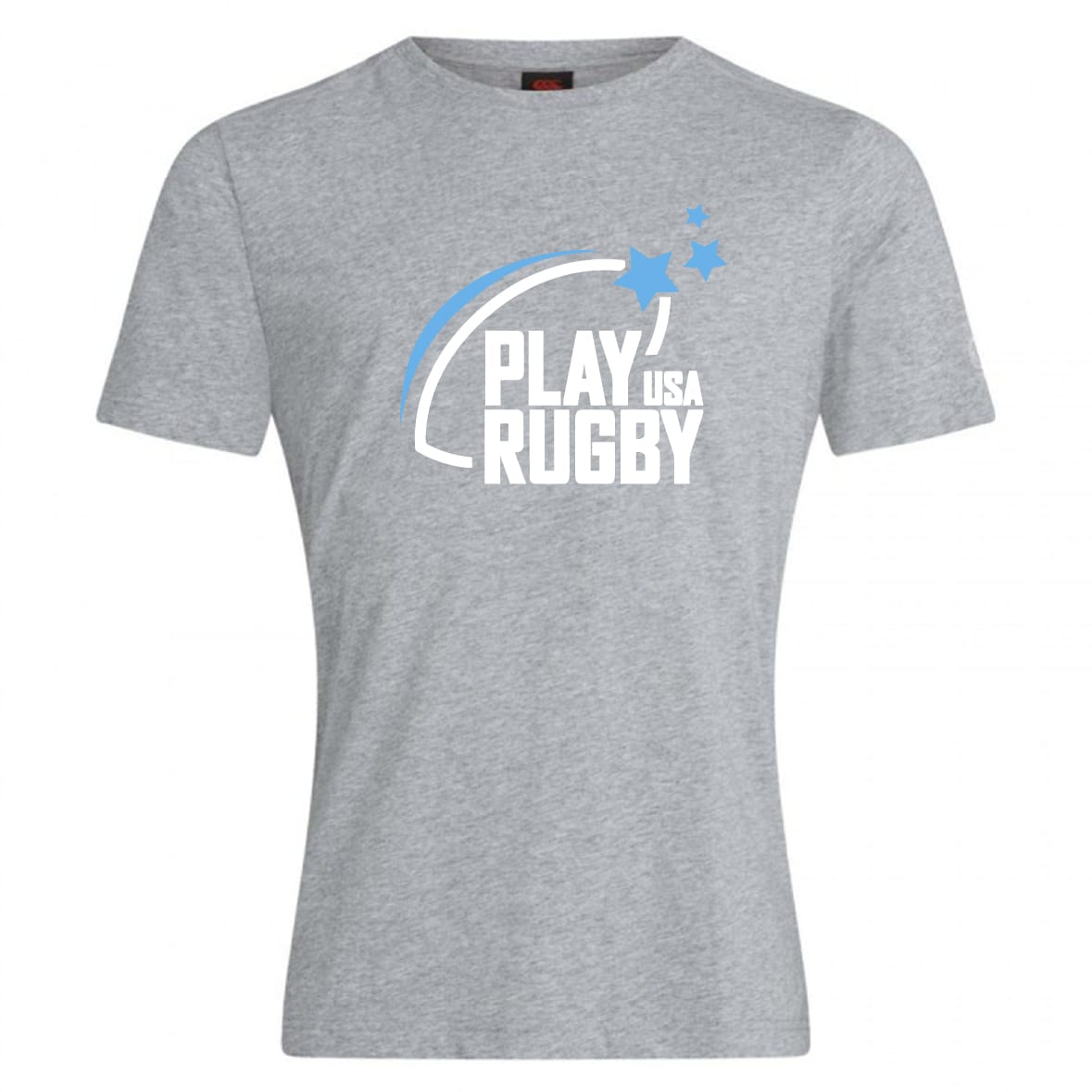 The Play Rugby USA Club Plain Tee by WRS Canterbury is a gray cotton blend t-shirt with “PLAY USA RUGBY” in white and blue, a blue arc, and two blue stars. Customizable and perfect for rugby fans.