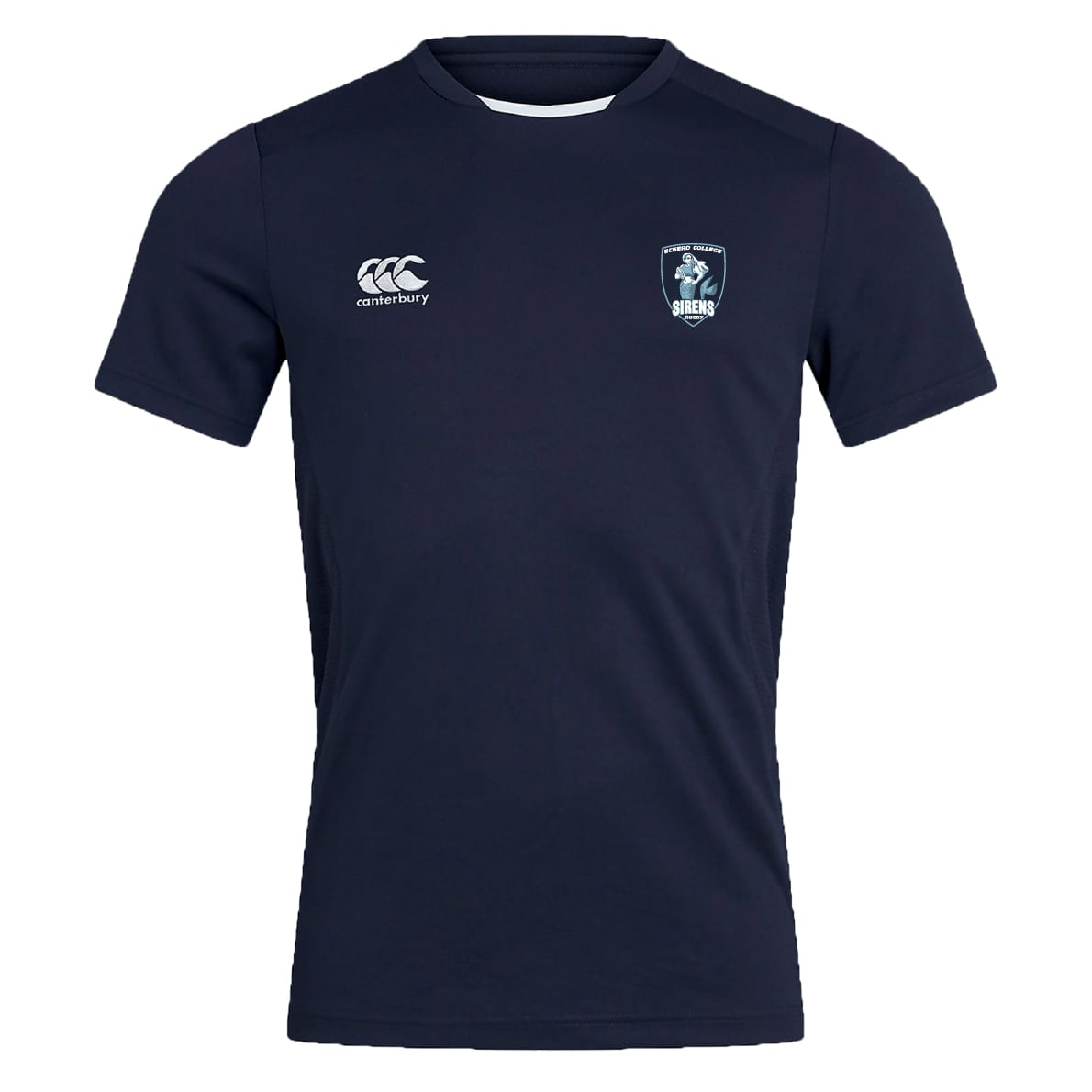 The EMB Canterbury Eckerd College Club Dry Tee is a navy short-sleeve athletic shirt with a white Canterbury logo on the right chest, a seahorse "SIRENS" crest on the left, and breathable Vapodri Technology for moisture control.