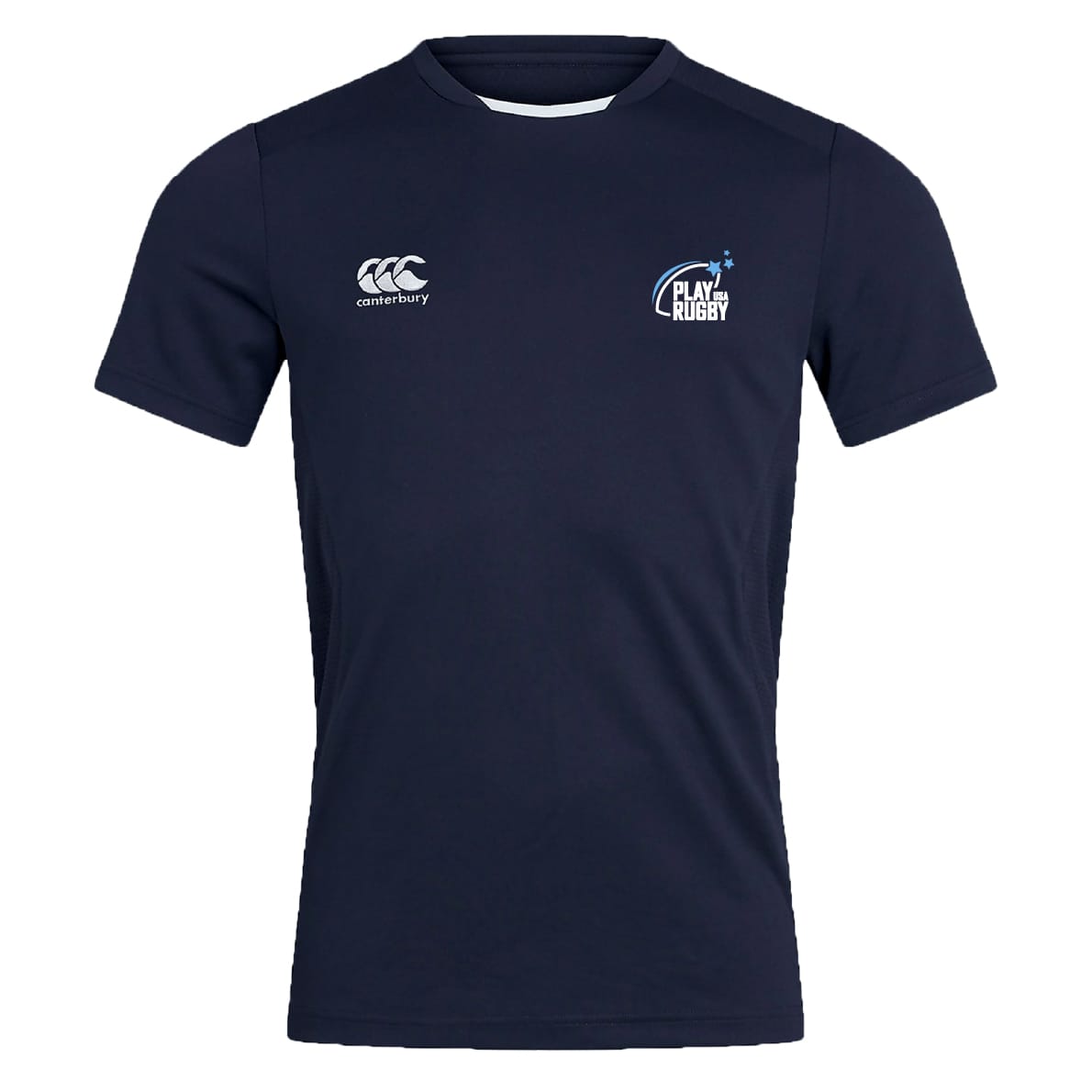 The Play Rugby USA Club Dry Tee by EMB Canterbury is a navy short-sleeve workout shirt with the "Canterbury" logo on the left chest and "Play Rugby" logo on the right, made with Vapodri Technology for breathable comfort.