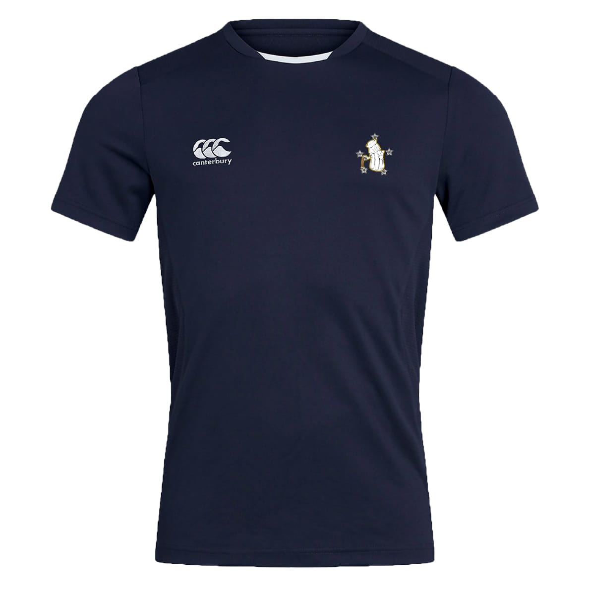 Stay cool during intense training in the Five Star Rugby Club Dry Tee by EMB Canterbury. This navy tee features a white Canterbury logo, an embroidered crest, and moisture-wicking Vapodri Technology for breathable comfort.
