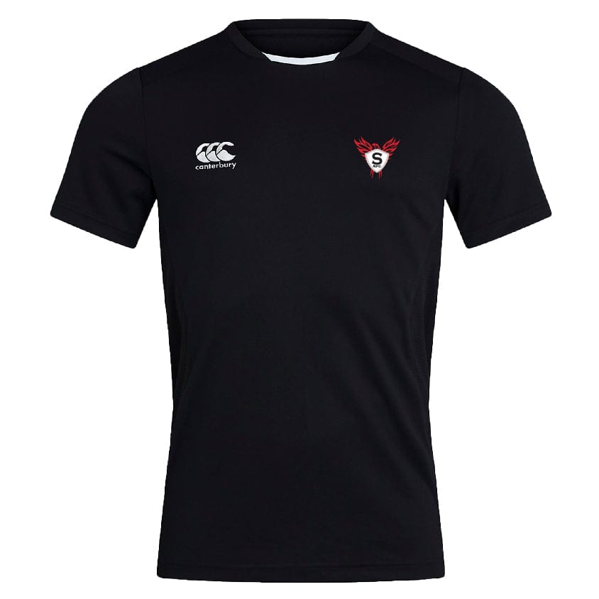 The EMB Canterbury Superior Rugby Club Dry Tee is a black short-sleeve jersey featuring Vapodri Technology, with the Canterbury logo on the right chest and a red and white "S" emblem on the left for comfort during intense activities.