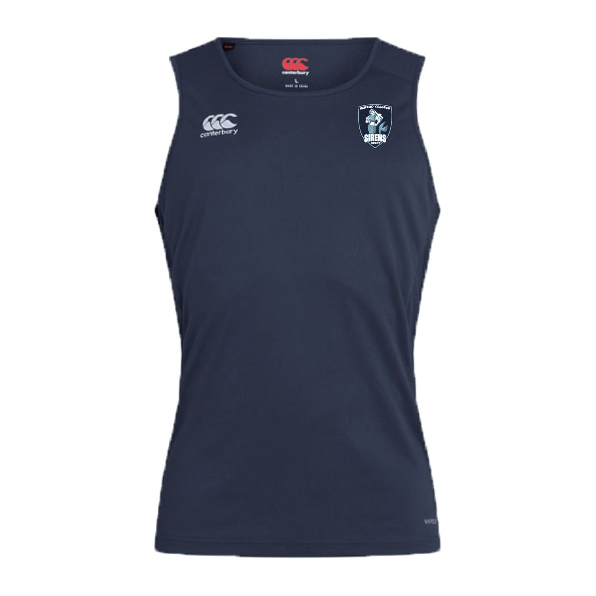 Sleeveless navy blue Eckerd College Club Dry Singlet by EMB Canterbury with team and EMB Canterbury logos on the chest—ideal athletic gear for top performance.
