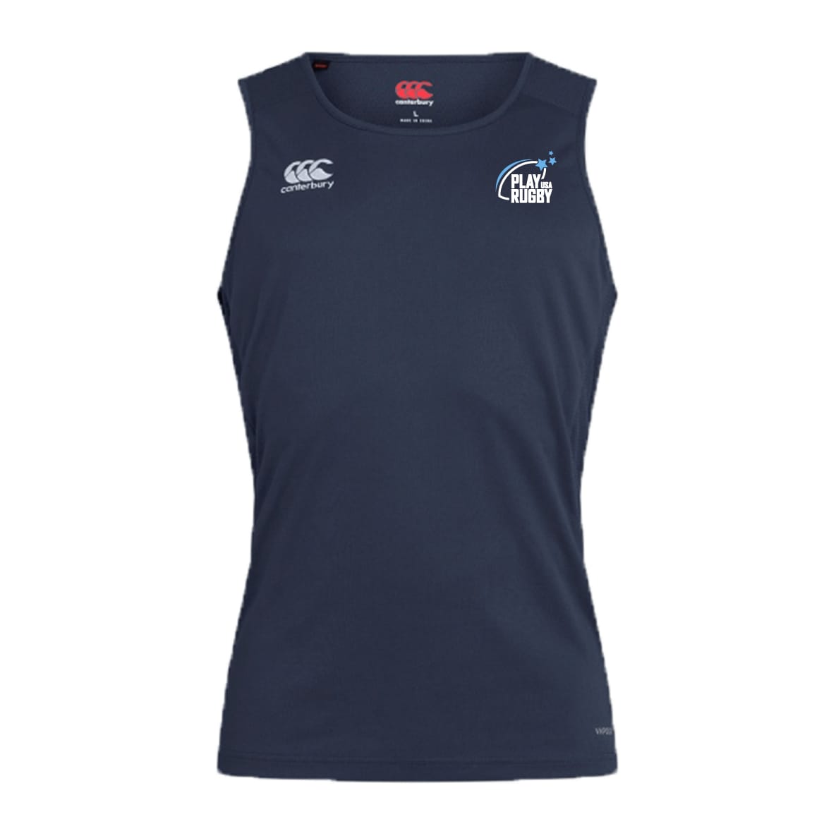 The Play Rugby USA Club Dry Singlet by EMB Canterbury is a sleeveless navy athletic top with "Canterbury" and "Play Rugby" logos, featuring Vapodri Technology for comfort—ideal sports gear.