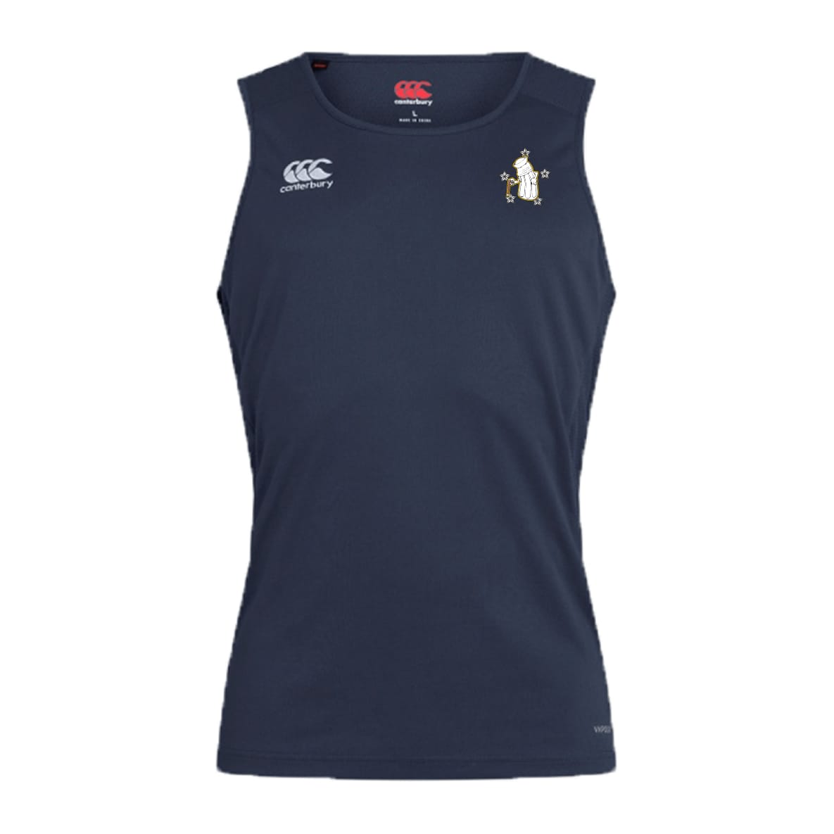 The Five Star Rugby Club Dry Singlet by EMB Canterbury is a sleeveless navy blue athletic tank with two small white chest logos—one brand and one penguin—featuring advanced Vapodri Technology for ideal athletic performance.