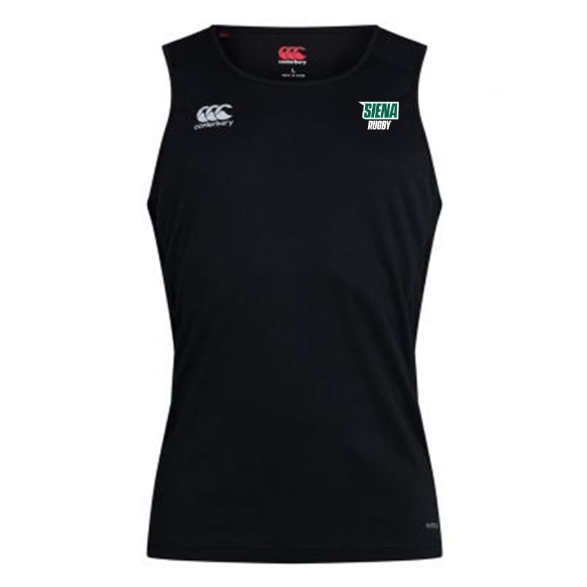 The Siena College Club Dry Singlet by EMB Canterbury is a black sleeveless sports vest featuring the Canterbury logo and "Siena Rugby" text, enhanced with Vapodri Technology for breathability and comfort—ideal for any Canterbury enthusiast.