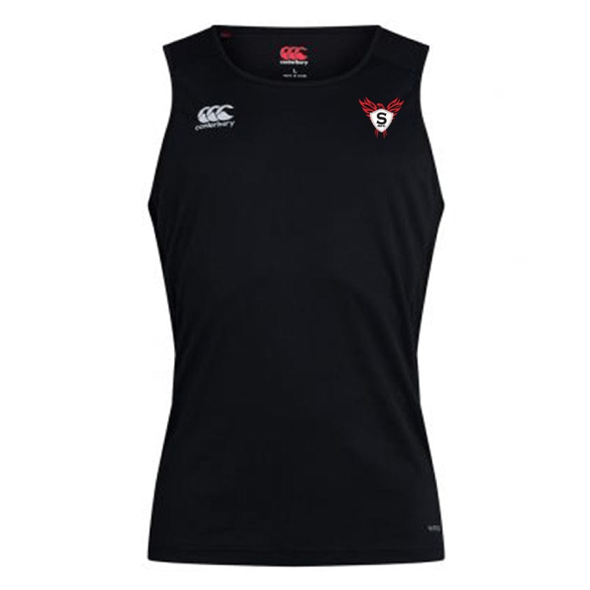 The Superior Rugby Club Dry Singlet by EMB Canterbury is a sleeveless black athletic top with Club Dry Vapodri Technology, a white Canterbury logo on the right chest, and a red and white "S" emblem on the left chest.