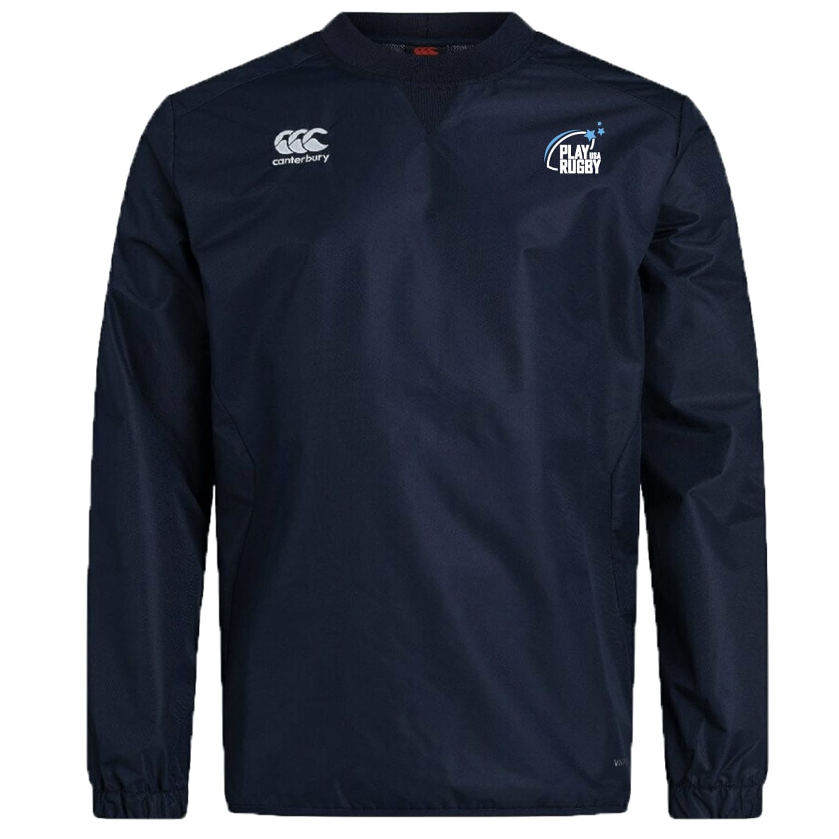 The EMB Canterbury Play Rugby USA Club Vaposhield Contact Top is a navy blue long-sleeve rugby training top featuring logos on both chests and Vaposhield technology for enhanced performance.