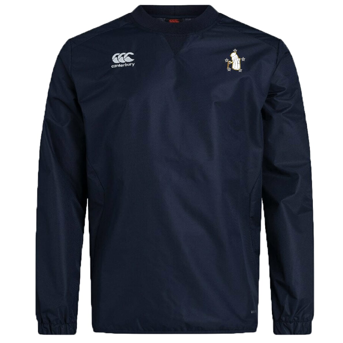 The Five Star Rugby Club Vaposhield Contact Top by Canterbury is a navy blue top with Vaposhield tech, featuring the EMB Canterbury logo on the right chest and an embroidered crest on the left.